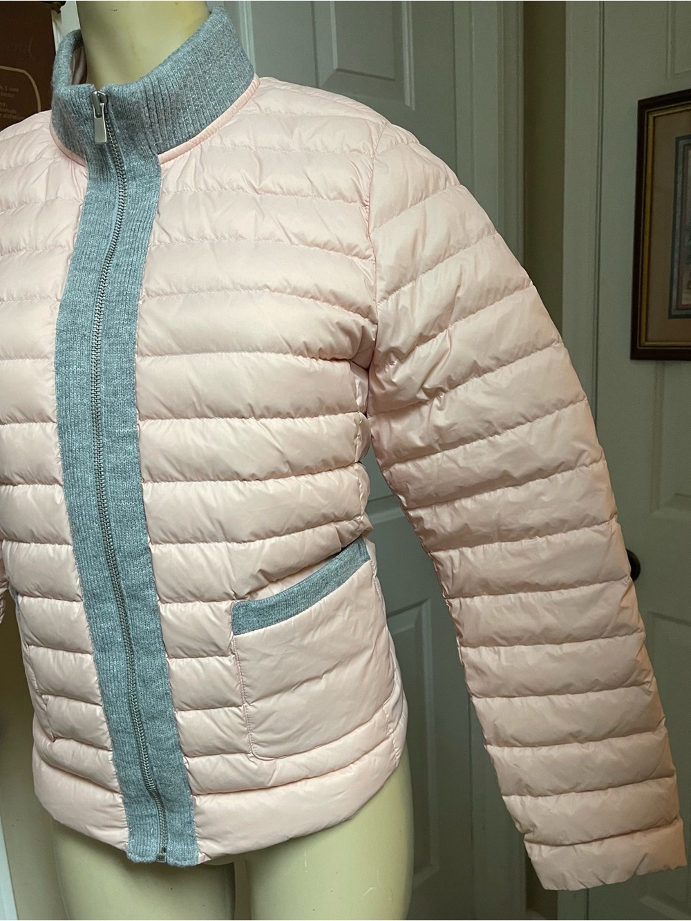 Light Pink Valencia Quilted Puffer Jacket with Gray Trim - Picture 4 of 8